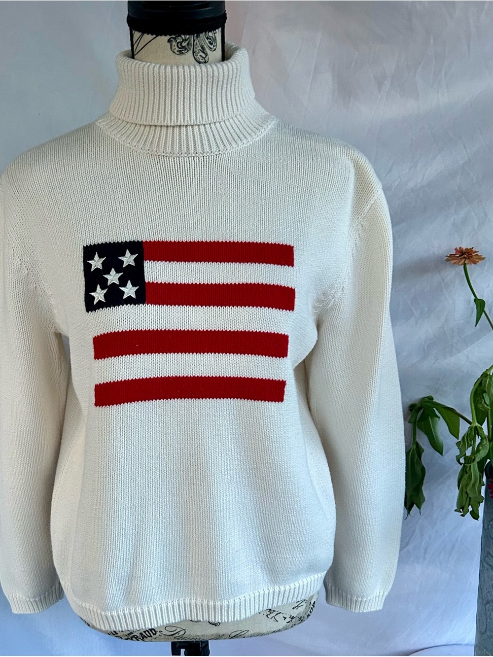 Liz Claiborne Cream Turtleneck Sweater with Red and Navy Flag Motif